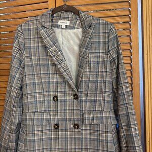 Evereve Plaid Double Breasted Blazer XS Blue Tan